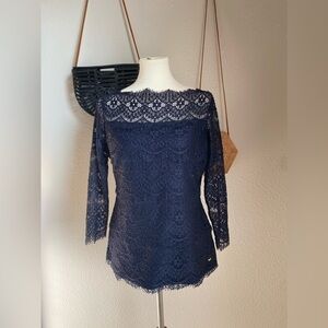Escada Evronia Tiered Lace Blouse Midnight Blue, Size Medium